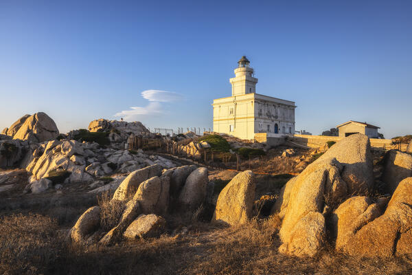 View at sunset of the Capo Testa maritime lighthouse, Santa Teresa di Gallura, Sassari province, Sardinia, Italy, Europe.