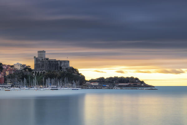 Long exposure at dawn over Lerici and its Castle, municipality of Lerici, La Spezia province, Liguria district, Italy, Europe
