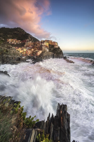 Storm at sunset on the cliff of the village of Manarola, Cinque Terre National Park, municipality of Riomaggiore, La Spezia province, Liguria district, Italy, Europe
