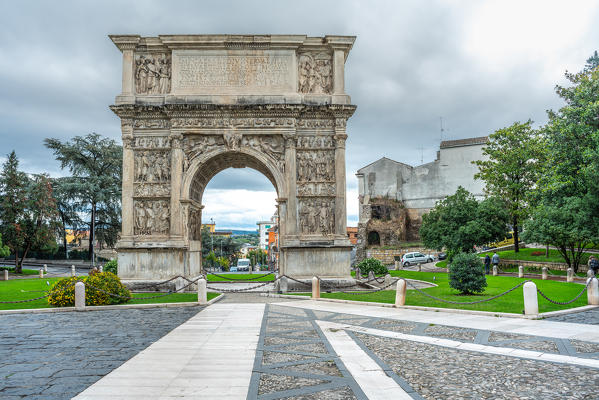 Benevento, Campania, Italy. Ancient Roman Arch of Trajan, triumphal arches best preserved.. 