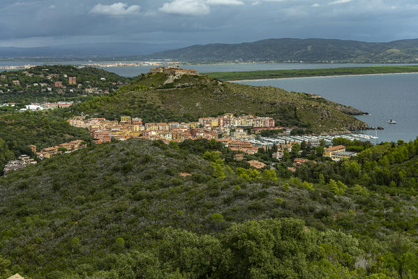 Porto Ercole seen from Forte Stella. Strong Filippo in the background. Porto Ercole, Grosseto, Italy, Europe