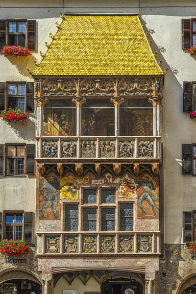 The Golden Roof (Goldenes Dachl) is the symbol of Innsbruck, a loggia covered with golden copper tiles at the end of Via Maria-Theresien-Strasse. Innsbruck, Tyrol, Austria, Europe