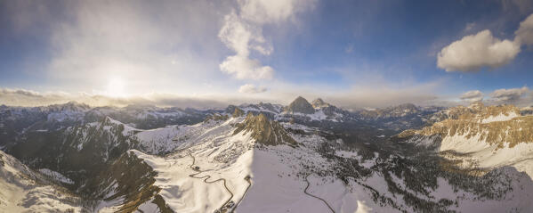Winter panorama with drone of Ra Gusela;Averau,Nuvolau,Passo Giau, Dolomiti di Zoldo, Unesco Heritage, Veneto, Italy