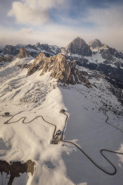 a Panorama with drone of Dolomiti di Zoldo in winter with Ra Gusela;Averau,Nuvolau,Passo Giau, Unesco Heritage, Belluno, Veneto, Italy