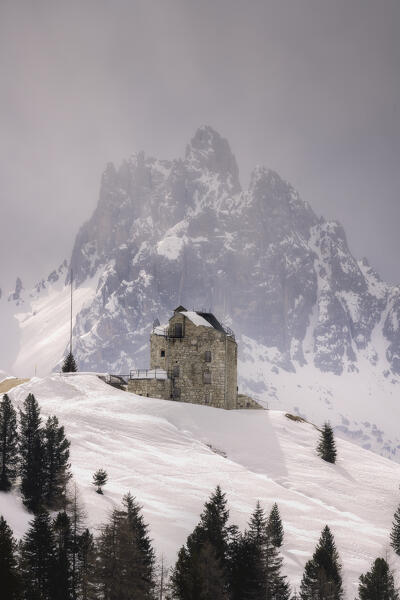 The fortress of Prato Piazza, on background the Cristallo Mountain, in Valle di Braies, Alto Adige, Alta Pusteria, the earth of Parco Naturale Fanes - Senes - Braies