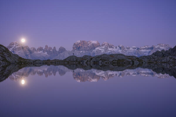 Sunset in Black lake of Cornisello, on the background the Dolomiti di Brenta Mountains, Unesco Heritage, Trento, Trentino Alto Adige, Italy