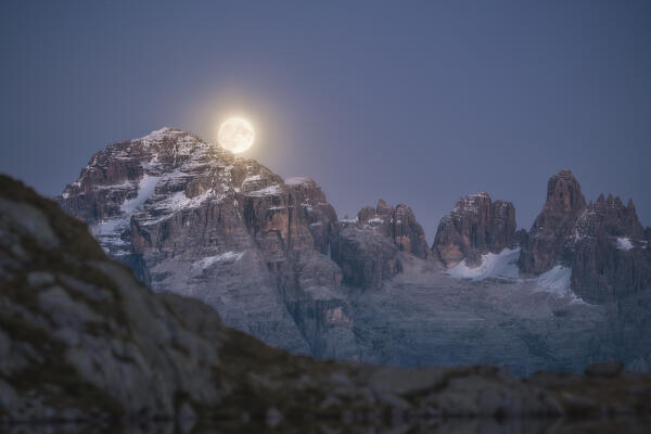 The Moon on Cima Grostè Mountain, Dolomiti di Brenta Group, Unesco Heritage, Trento, Trentino Alto Adige, Italy