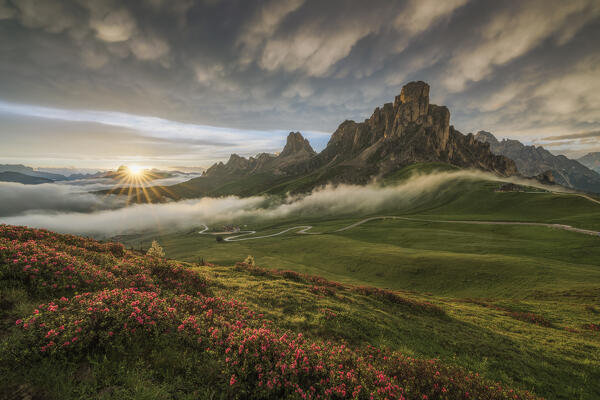 The sunset in front of Ra Gusela, Averau,Nuvolau and Passo Giau in Dolomiti Bellunesi, Unesco Heritage, Veneto, Belluno, Italy 