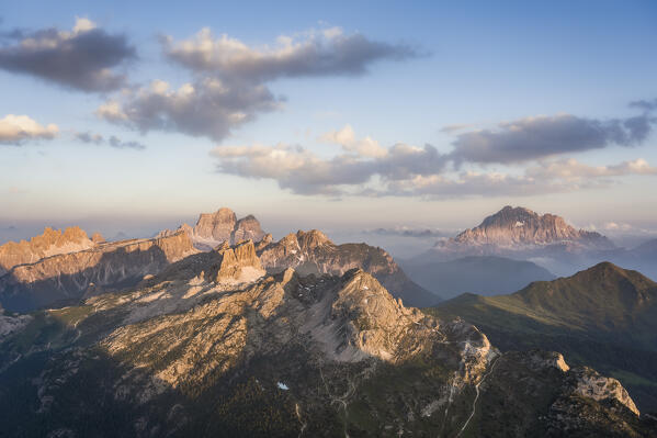 A panorama with drone of Lagazuoi,Croda da Lago, Lastoni di Formin, Cinque Torri, Civetta, Averau, Nuovolau, Ra Gusela, Dolomiti Bellunes, Unesco Heritage, Belluno, Italy, Veneto