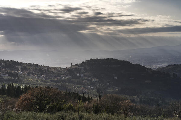 The city of Fiesole from a trail into the path of Gods. Fiesole, Metropolitan city of Florence ,Tuscany, Italy, Europe.
