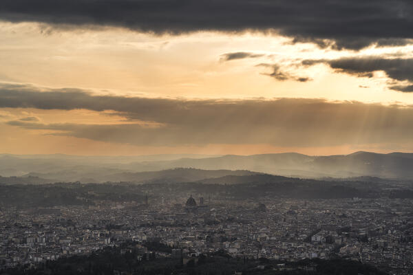 The city of Florence from the Path of Gods. Florence, metropolitan city of Florence, Tuscany, Italy, Europe.