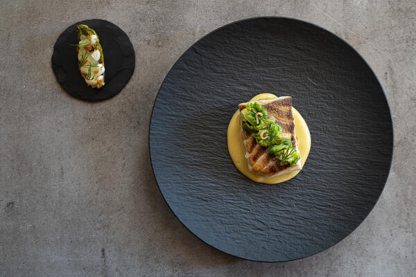 Ombrina fish, heart of lettuce, seafood and ginger