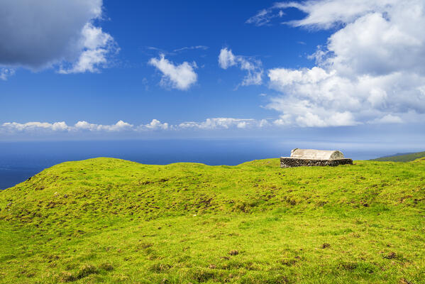 View of green pasture and trough in the countryside, Lajes do Pico municipality, Pico island (Ilha do Pico), Azores archipelago, Portugal, Europe