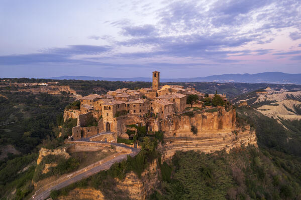 Aerial view of the medieval village of Civita di Bagnoregio at dusk, Viterbo province, Tuscia, Latium, central Italy, Italy, Southern Europe, Europe