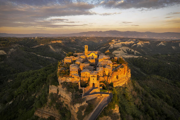 Aerial view of the medieval village of Civita di Bagnoregio at sunset, Viterbo province, Tuscia, Latium, central Italy, Italy, Southern Europe, Europe