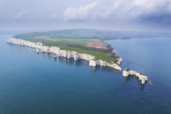 High angle aerial view of Old Harry Rocks, Jurassic Coast, UNESCO World Heritage Site, Swanage, Dorset, England, Europe