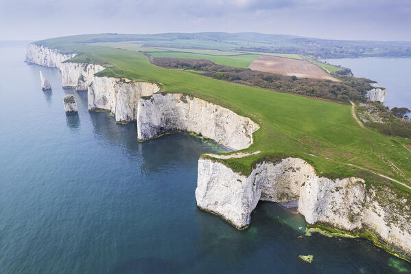 High angle aerial view of Old Harry Rocks, Jurassic Coast, UNESCO World Heritage Site, Swanage, Dorset, England, Europe