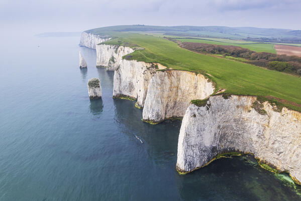 High angle aerial view of Old Harry Rocks, Jurassic Coast, UNESCO World Heritage Site, Swanage, Dorset, England, Europe