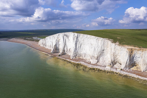 Elevated view of Seven Sisters chulk cliffs and Cuckmere Haven, Seven Sisters Country Park, South Downs National Park, Sussex, England, United Kingdom, Europe

