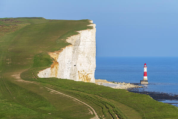 The white cliffs of East Sussex and Beachy Head Lighthouse, Seven Sisters Country Park, South Downs National Park, Sussex, England, United Kingdom, Europe