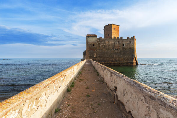 The narrow bridge linking the Torre Astura castle with mainland, Nettuno municipality, Rome province, Latium, Tyrrhenian sea, Italy, Europe