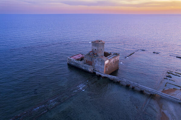 Island of Astura with the medieval tower emerging from sea water, Torre Astura, Nettuno municipality, Rome province, Latium, Tyrrhenian sea, Italy, Europe
