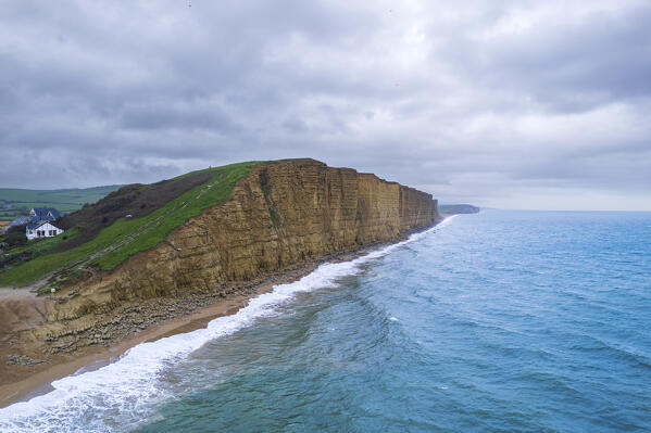 West Bay cliff, aerial view, Lyme Regis, Jurassic Coast, Dorset, England, United Kingdom, Europe