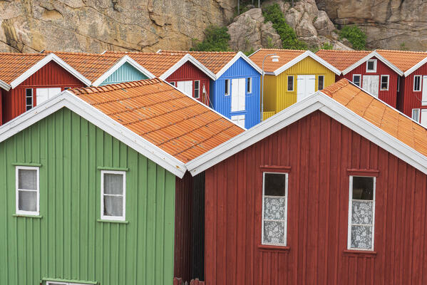 Idyllic and colorful fishing huts near the water, Smogen, Sotenas municipality, Bohusan, lVastra Gotaland, West Sweden, Sweden Scandinavia, Europe