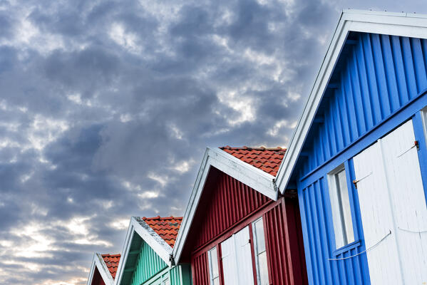 Fishing colorful boathouses in the harbour of Smogen, Sotenas municipality, Bohuslan, Vastra Gotaland, West Sweden, Sweden Scandinavia, Europe