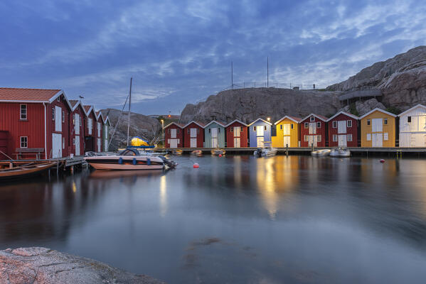 Illuminated fishing village of Smogen with traditional colorful buildings by the sea, Smogen, Sotenas municipality, Bohuslan, Vastra Gotaland, West Sweden, Sweden Scandinavia, Europe