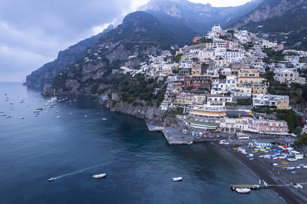 Aerial view of the colorful village of Positano among clouds, Positano, Salerno province, Amalfi coast, Campania, South of Italy, Italy, Europe