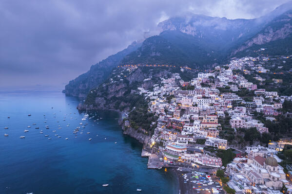 Aerial view of the illuminated village of Positano seen at dusk, Positano, Salerno province, Amalfi coast, Campania, South of Italy, Italy, Europe
