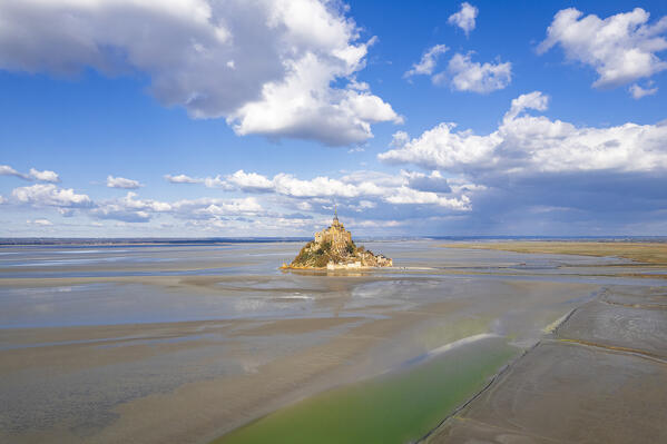 Drone view of Mont Saint-Michel in a sunny day, UNESCO World Heritage Site, Normandy, Manche, France
