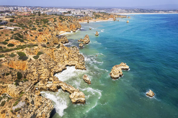 Ponta da Piedade cliffs seen from the drone, Lagos, Faro district, Algarve, Atlantic Ocean, Portugal, Europe