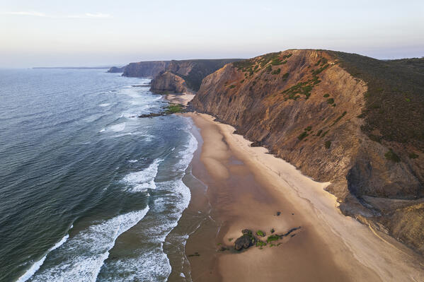 Beach with cliffs washed by ocean water, aerial picture, Sagres, Algarve, Atlantic Ocean, Portugal, Europe