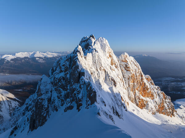 Snowy Corno Piccolo, second highest peak of Gran Sasso e Monti della Laga national park, Pietracamela, Teramo, Abruzzo, Apennines, Italy