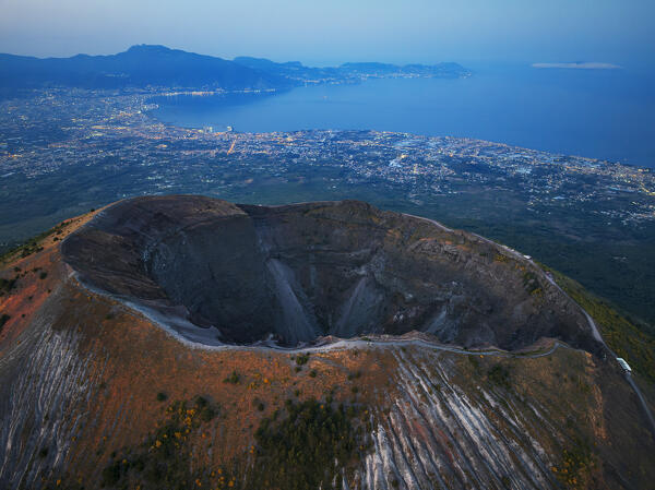 Aerial view of the crater of volcano Vesuvio (Vesuvius) at dusk, Vesuvius National Park, Naples, Campania, South of Italy, Italy