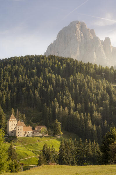 The castel gardena and the sasso Lungo peak at sunset, Selva di Val Gardena, Bolzano, South Tyrol, Italy.
