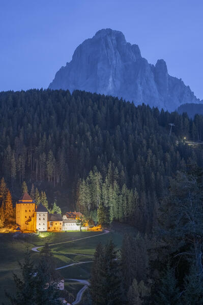 The castel gardena and the sasso along the blue hour, Selva di Val Gardena, Bolzano, South Tyrol, Italy.