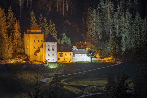 The castel gardena and the sasso along the blue hour, Selva di Val Gardena, Bolzano, South Tyrol, Italy.