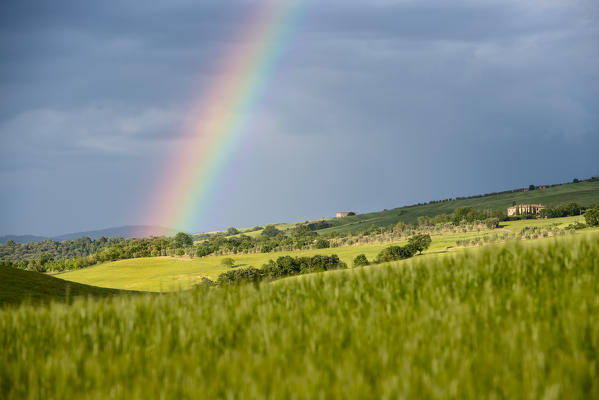 Italy, Tuscany, Siena District, Orcia Valley - rainbow after the storm