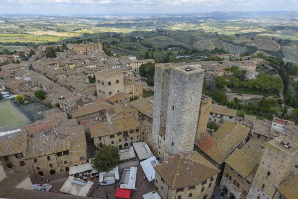 San Gimignano seen from the Podestà tower. Italy, Tuscany, Siena district.
