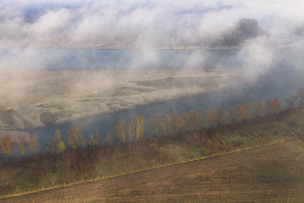 Aerial view of Po Valley with fog, Alessandria province, Piedmont, Italy, Europe. 