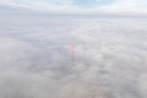 Aerial view of Pianura Padana (Po Valley) above the fog, Alessandria province, Piedmont, Italy, Europe. 