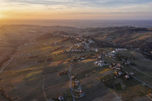Aerial view of Oltrepo pavese hills at sunset, Pavia province, Lombardy, Italy, Europe. 