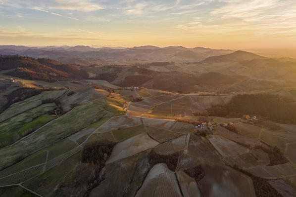 Panoramic aerial view of Oltrepo pavese hills at sunset, Pavia province, Lombardy, Italy, Europe. 