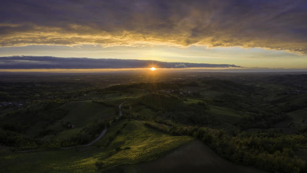 Aerial view of Tortona hills at sunset, Alessandria province, Piedmont, Italy, Europe. 