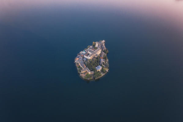 Panoramic aerial view to San giulio island, Orta Lake, Novara province, Piedmont, Italy