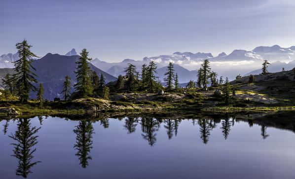 Lake Vallette at sunrise, Mont Avic, Aosta province, Valle D'Aosta, Italy, Europe.