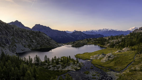Aerial view of Lake Bianco at sunset, Mont Avic, Aosta province, Valle D'Aosta, Italy, Europe.